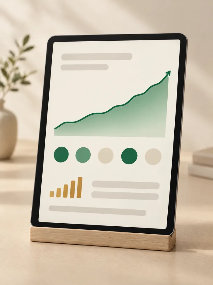 A tablet on a wooden stand showing a green chart going up