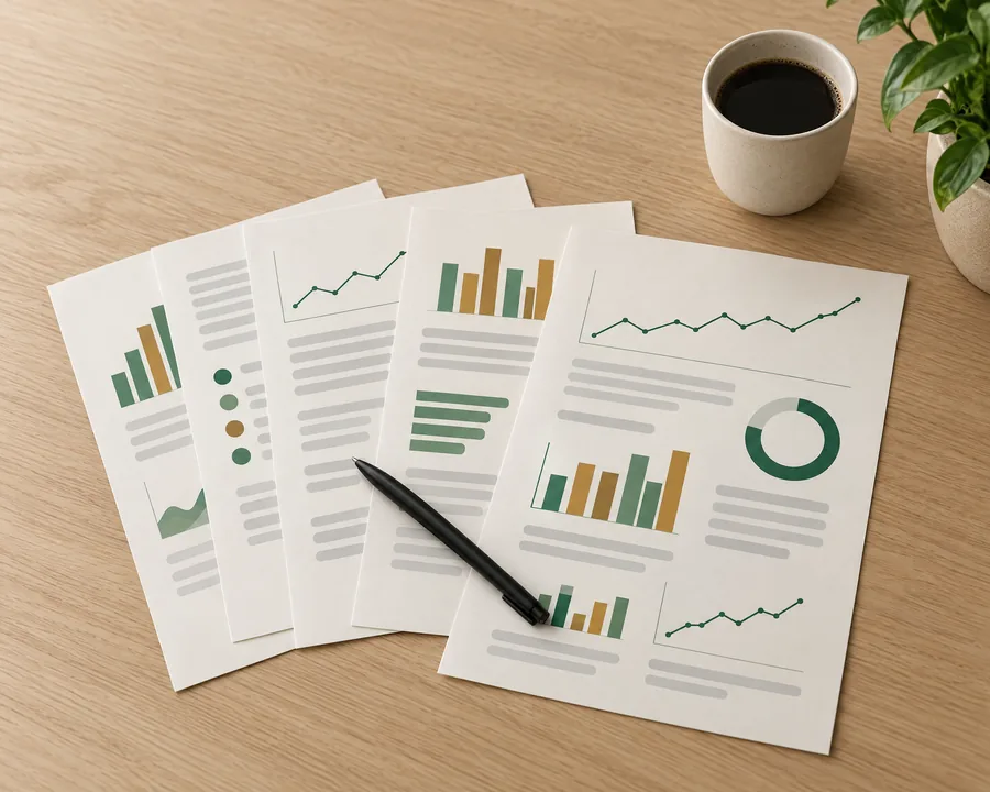 Printed marketing reports with green and gold charts on a wooden table