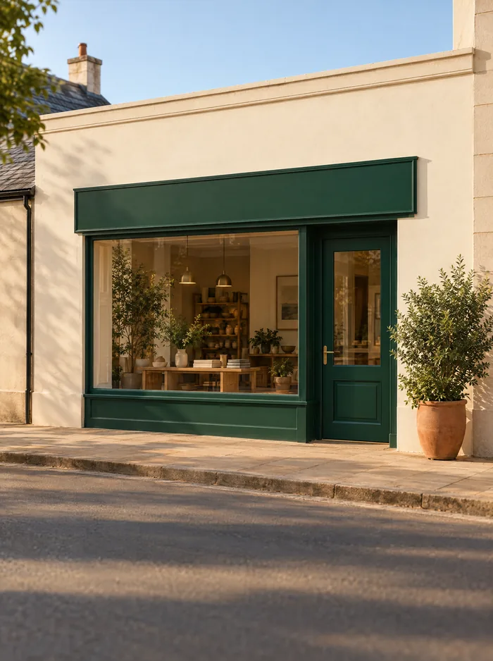 A small shop with a green front and a plant by the door, on a sunny street
