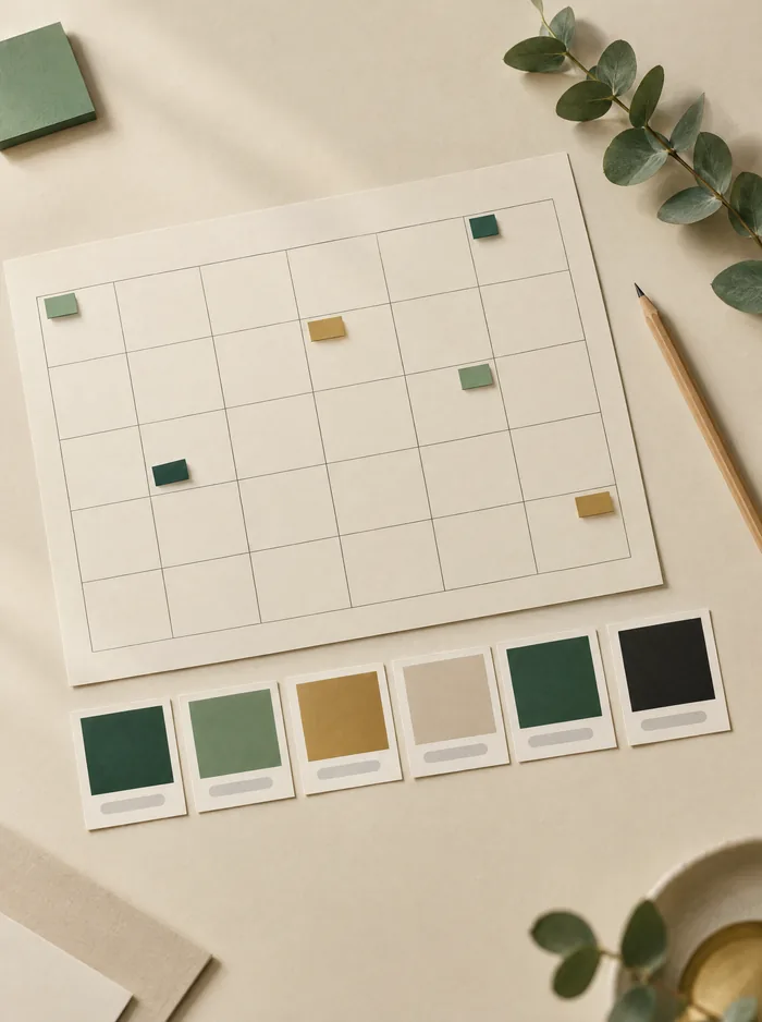 A monthly content calendar with coloured notes and brand colour swatches on a desk